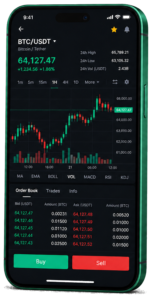 Platform trading Simpanbèn di perangkat mobile — grafik BTC/USDT real-time, buku pesanan, dan panel beli/jual